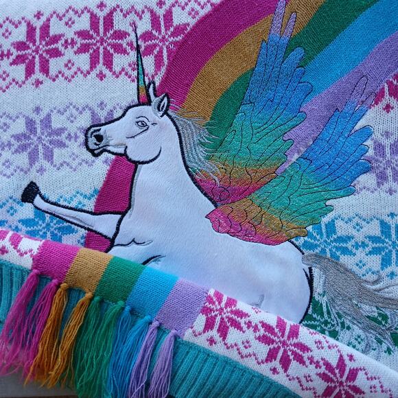 33Degrees Rainbow Unicorn Sweater L fair isle snowflakes soft white tassels ugly - Picture 6 of 15